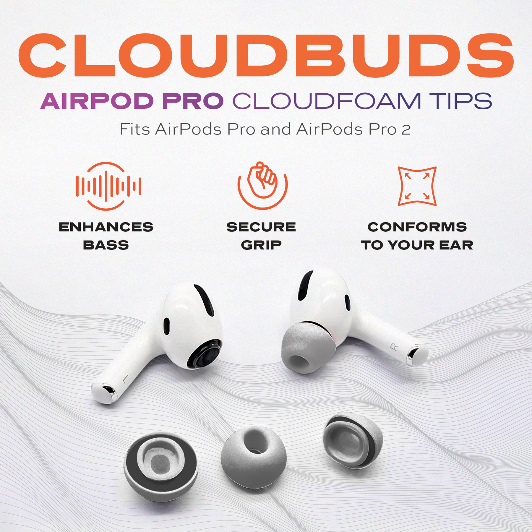 CloudBuds foam ear tips designed for AirPods, offering noise cancelling, comfortable fit, and secure wear for enhanced listening-2