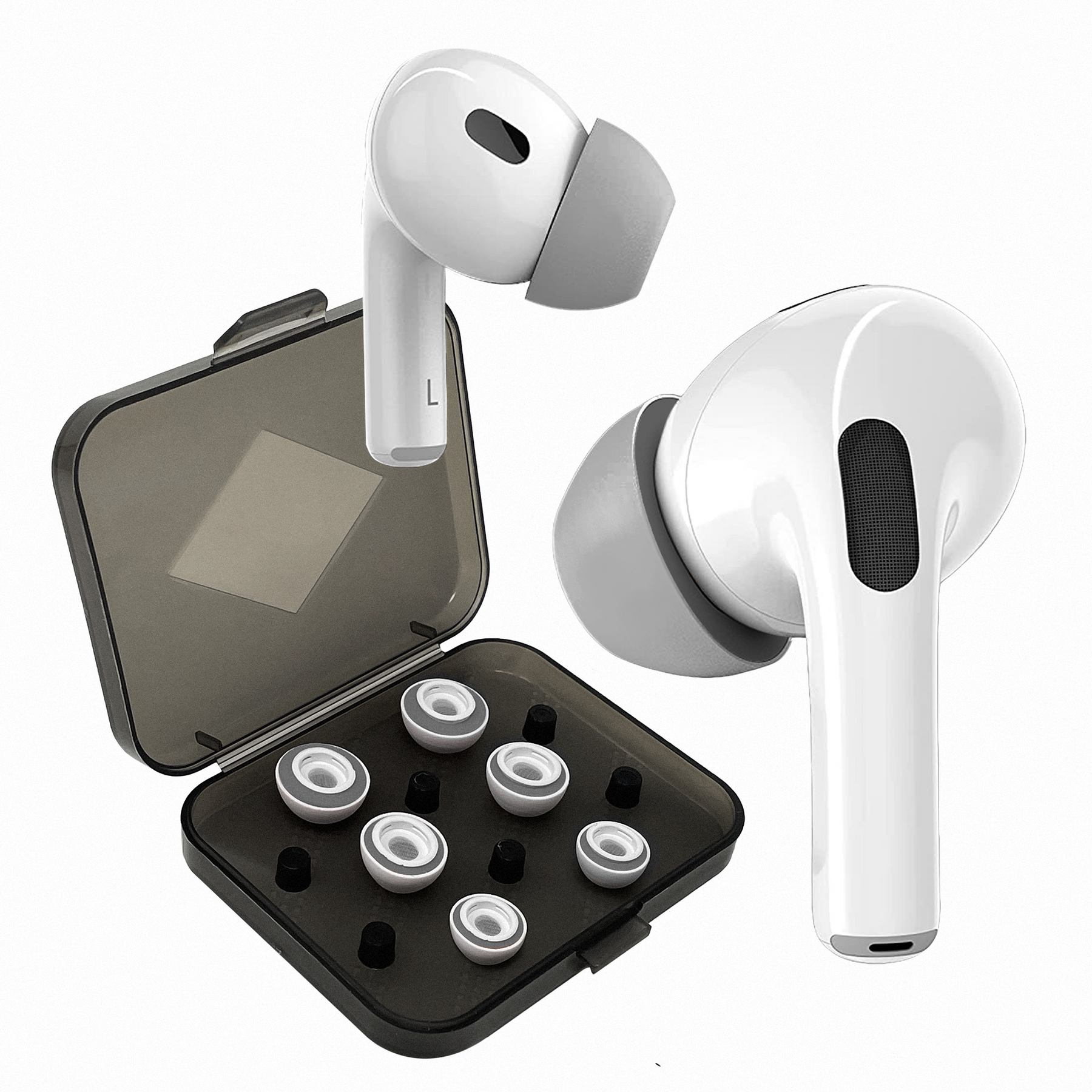 CloudBuds foam ear tips designed for AirPods, offering noise cancelling, comfortable fit, and secure wear for enhanced listening