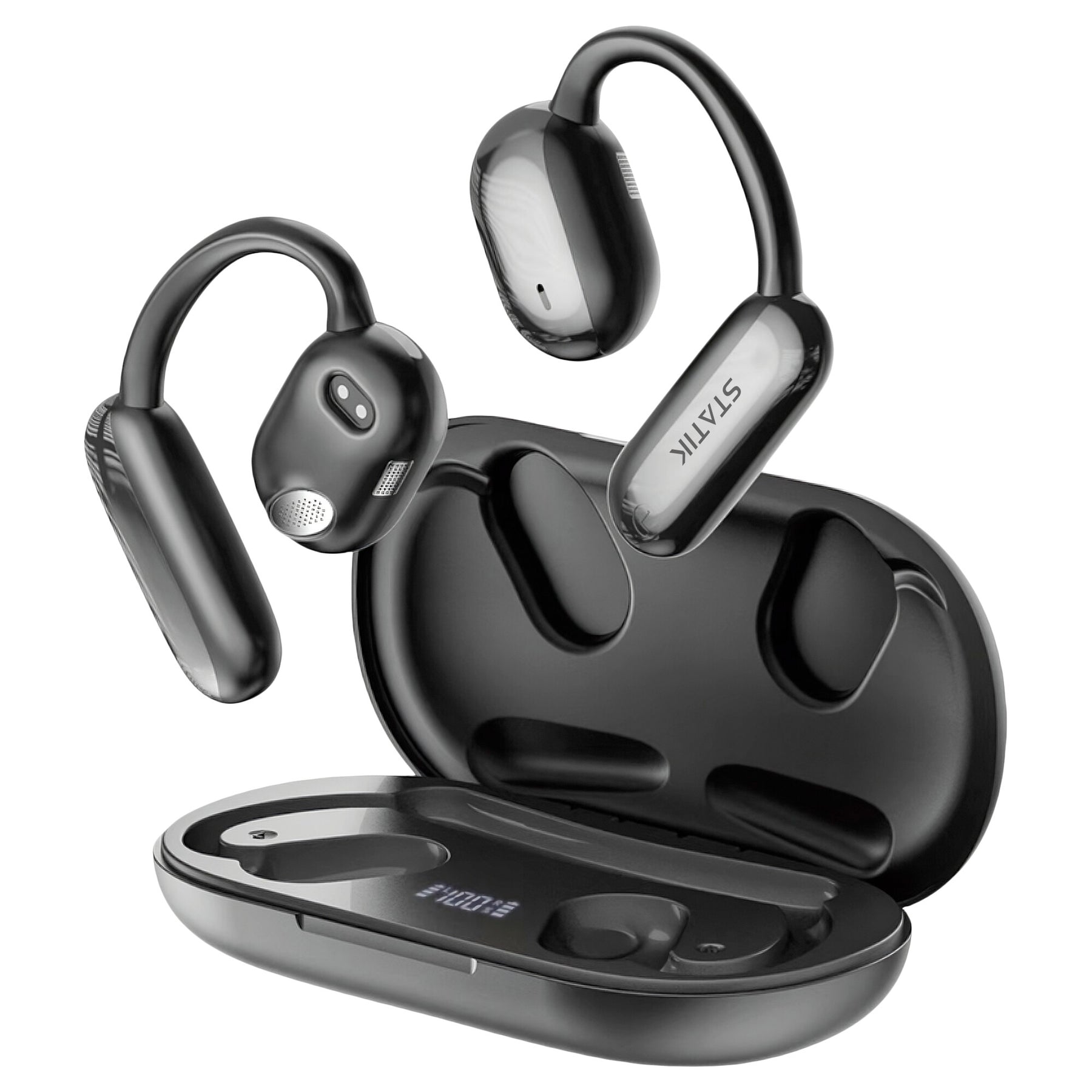 Open-ear Bluetooth earbuds with fast charging, waterproof features, and a comfortable ergonomic design for all-day use