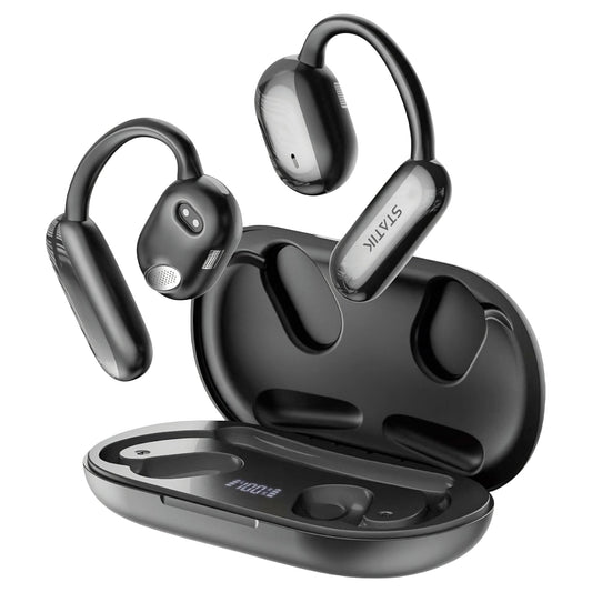 Open-ear Bluetooth earbuds with fast charging, waterproof features, and a comfortable ergonomic design for all-day use